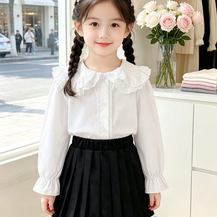 Mädchen Bluse mit voluminösem Spitzenkragen und Rüschendetails Drune