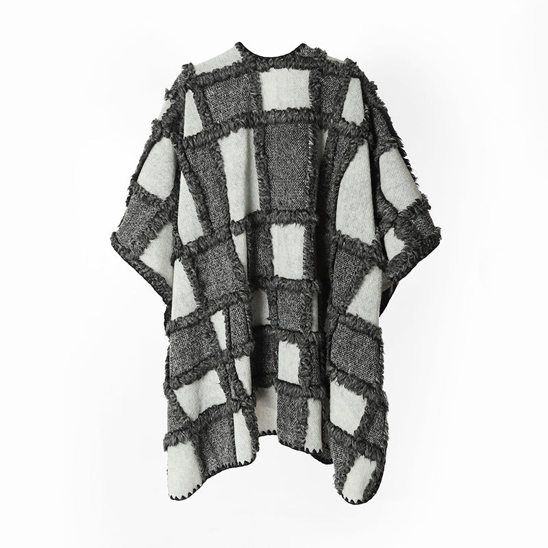Damen Strukturierter Patchwork-Capeponcho aus Wollmix mit offenem Fall und kontrastierter Kantennaht Drune