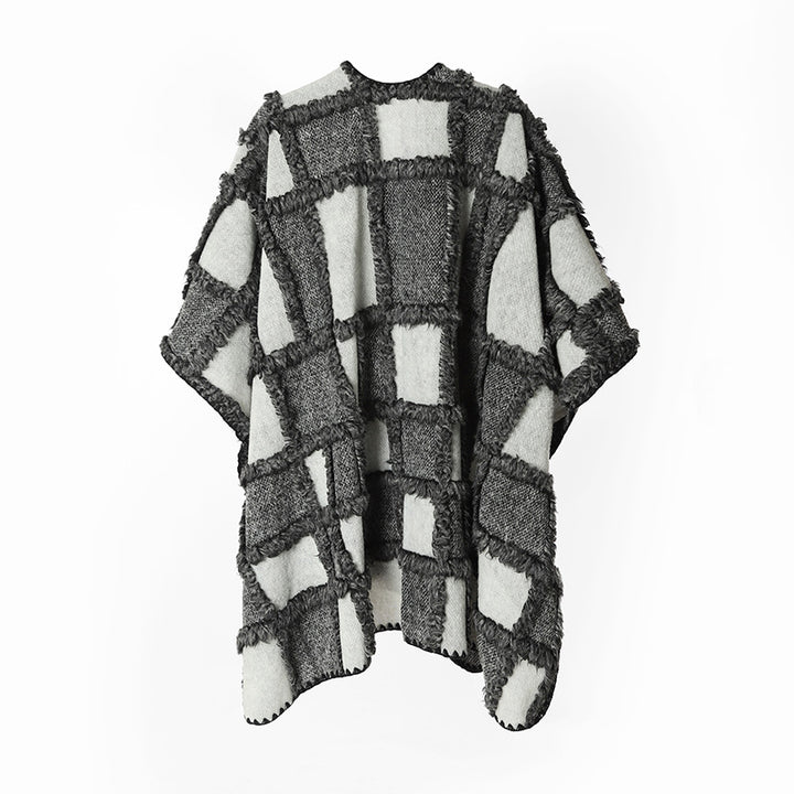 Damen Strukturierter Patchwork-Capeponcho aus Wollmix mit offenem Fall und kontrastierter Kantennaht Drune