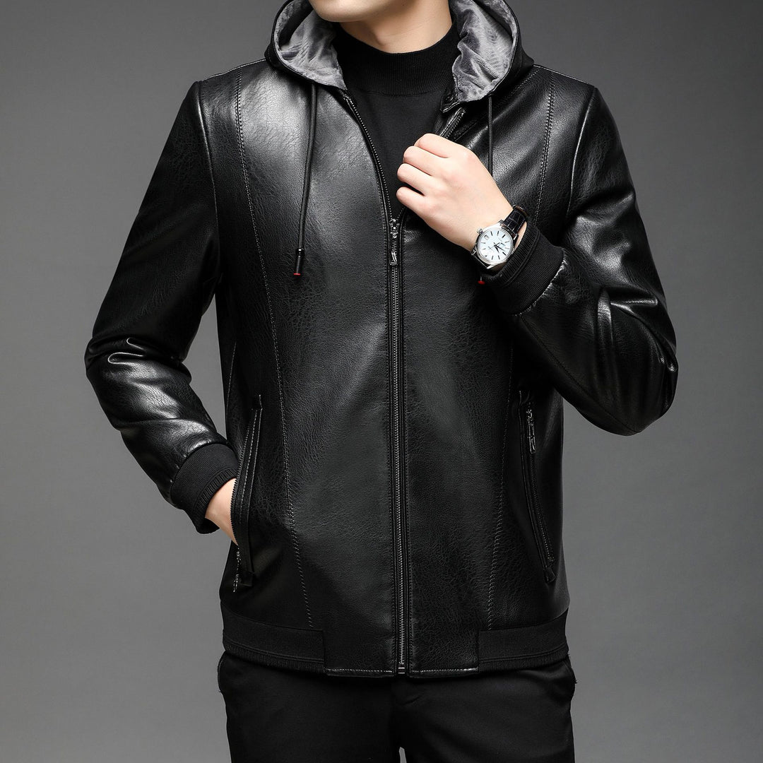 Herren Lederimitat-Hoodiejacke mit Kapuze, Reißverschluss und schmaler Silhouette Drune
