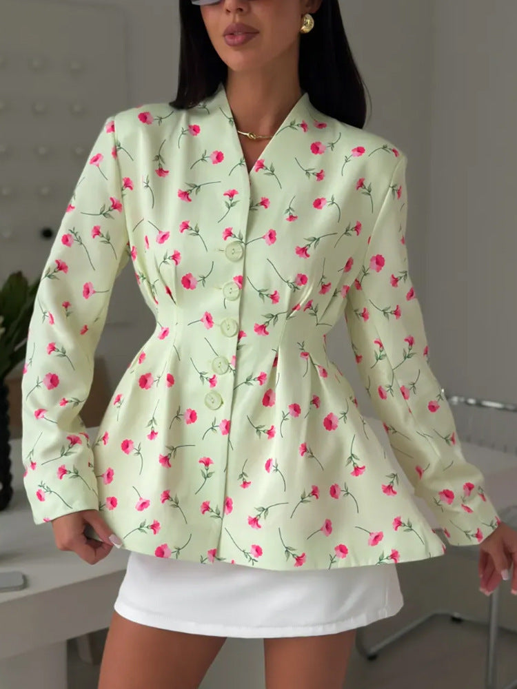 Damen Taillierter Blazer mit Schößchen, dekorativen Knöpfen und floralem Muster Drune