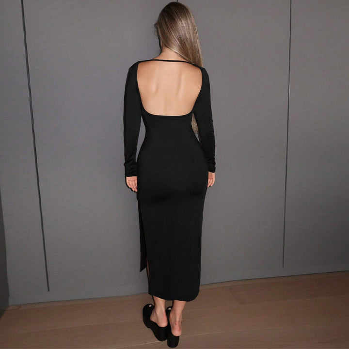 Damen langes figurbetontes Midikleid mit Boatneck, langen Ärmeln und seitlichem Beinschlitz Drune