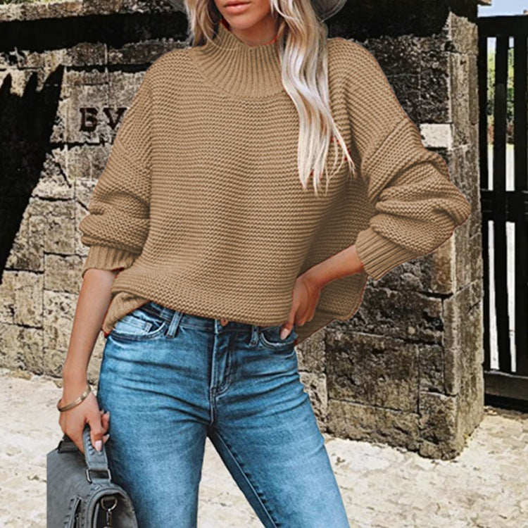 Damen Grobstrick Pullover mit hohem Kragen und überschnittenen Schultern Drune