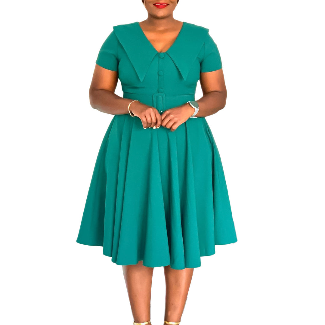 Damen A-Linien Kleid mit elegantem Kragen und Bindegürtel Drune