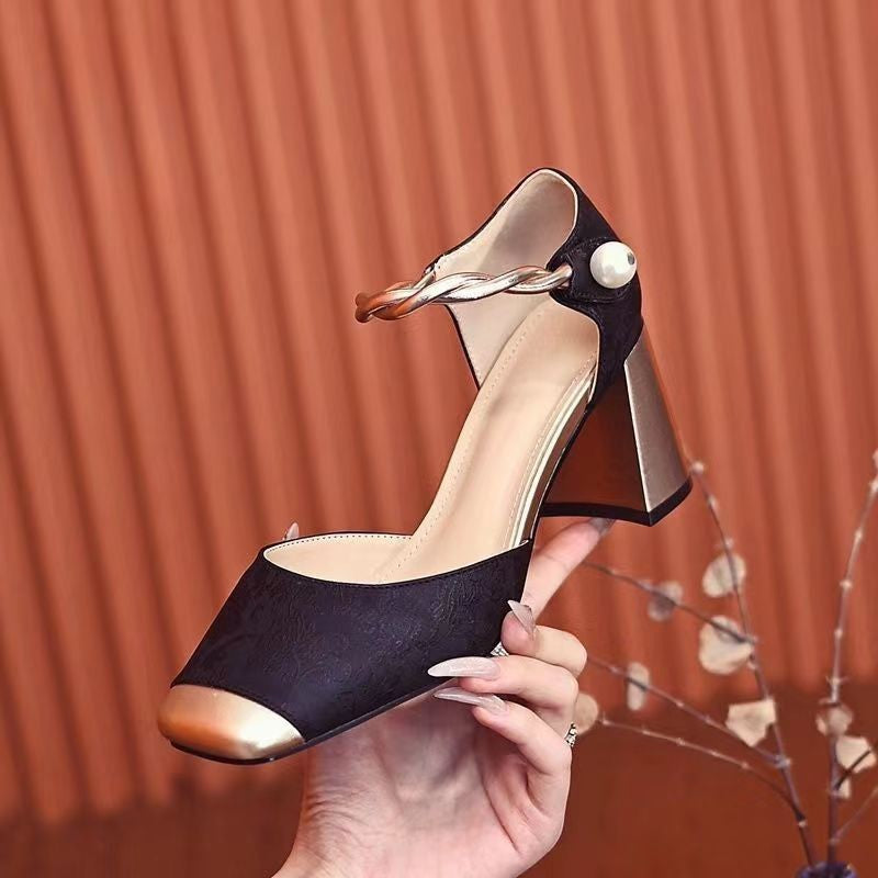 Damen nan elegante Slingback-Pumps mit quadratischer Zehenform, Jacquard-Obermaterial und gedrehtem Schmuckriemen Drune