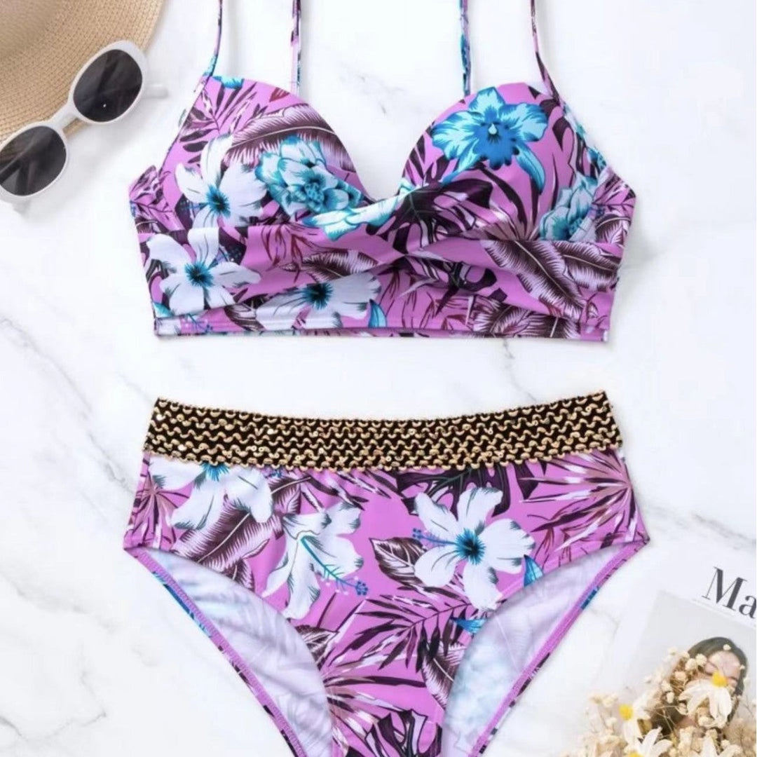 Damen Hochtaillierter Bikini mit floralem Oberteil Drune