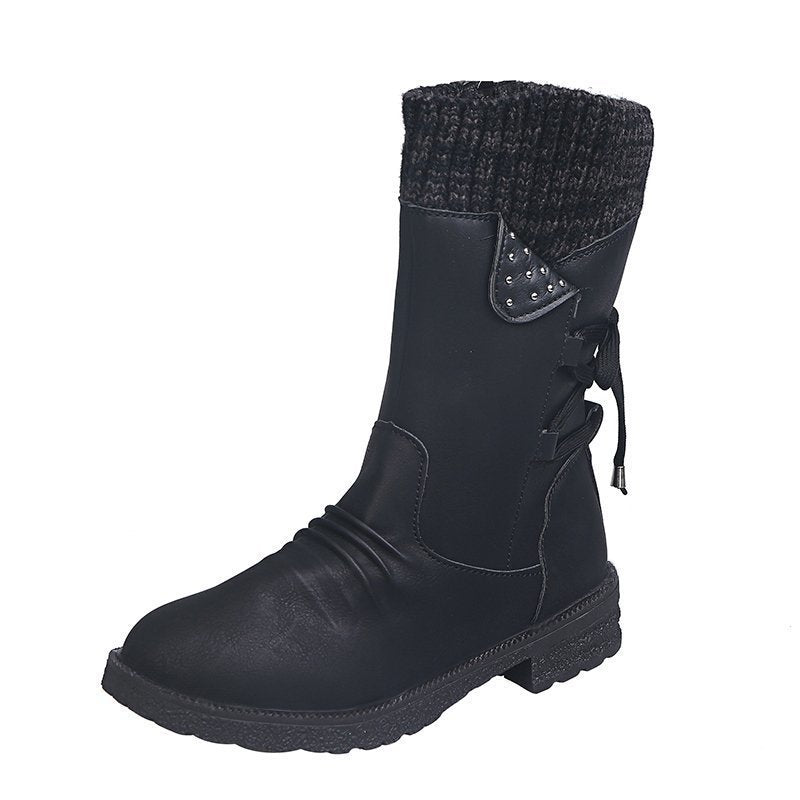 Damen Mid-Cut Stiefel mit Strickmanschette, Zierkordel und Veloursoptik Drune