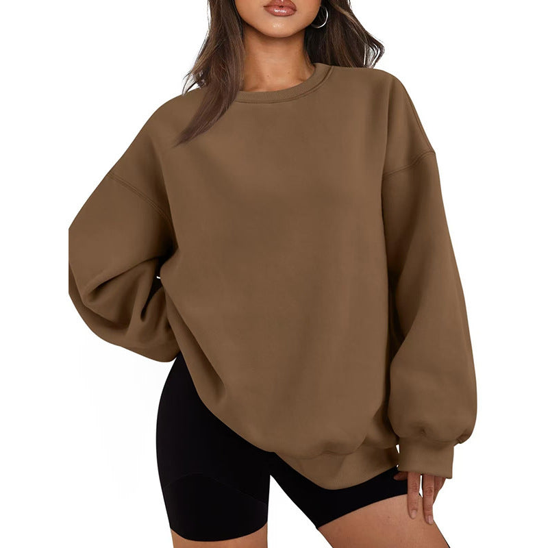 Damen nan Oversized Rundhals-Sweatshirt mit überschnittener Schulter, weichem Fleece-Innenfutter und gerippten Bündchen Drune