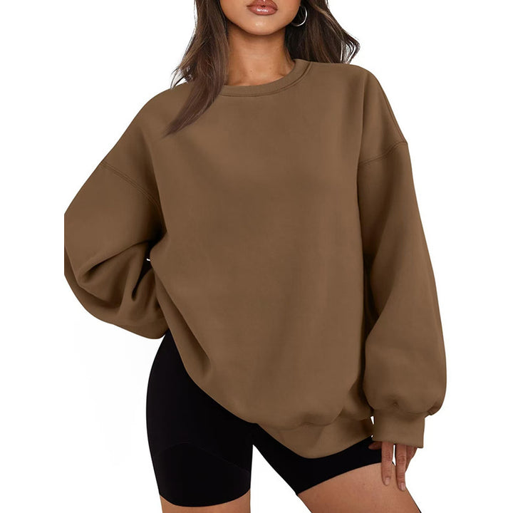 Damen nan Oversized Rundhals-Sweatshirt mit überschnittener Schulter, weichem Fleece-Innenfutter und gerippten Bündchen Drune