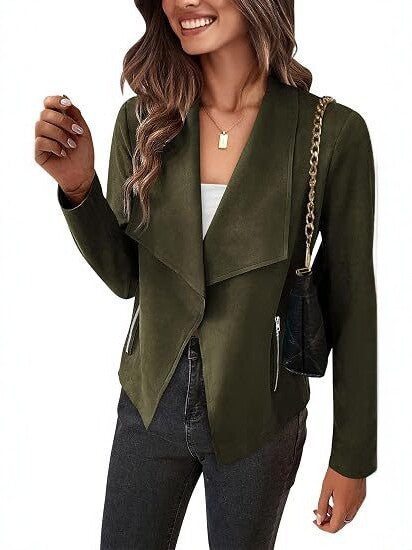 Damen Velourslederimitat-Wasserfallblazer mit asymmetrischem Saum und Reißverschlusstaschen Drune