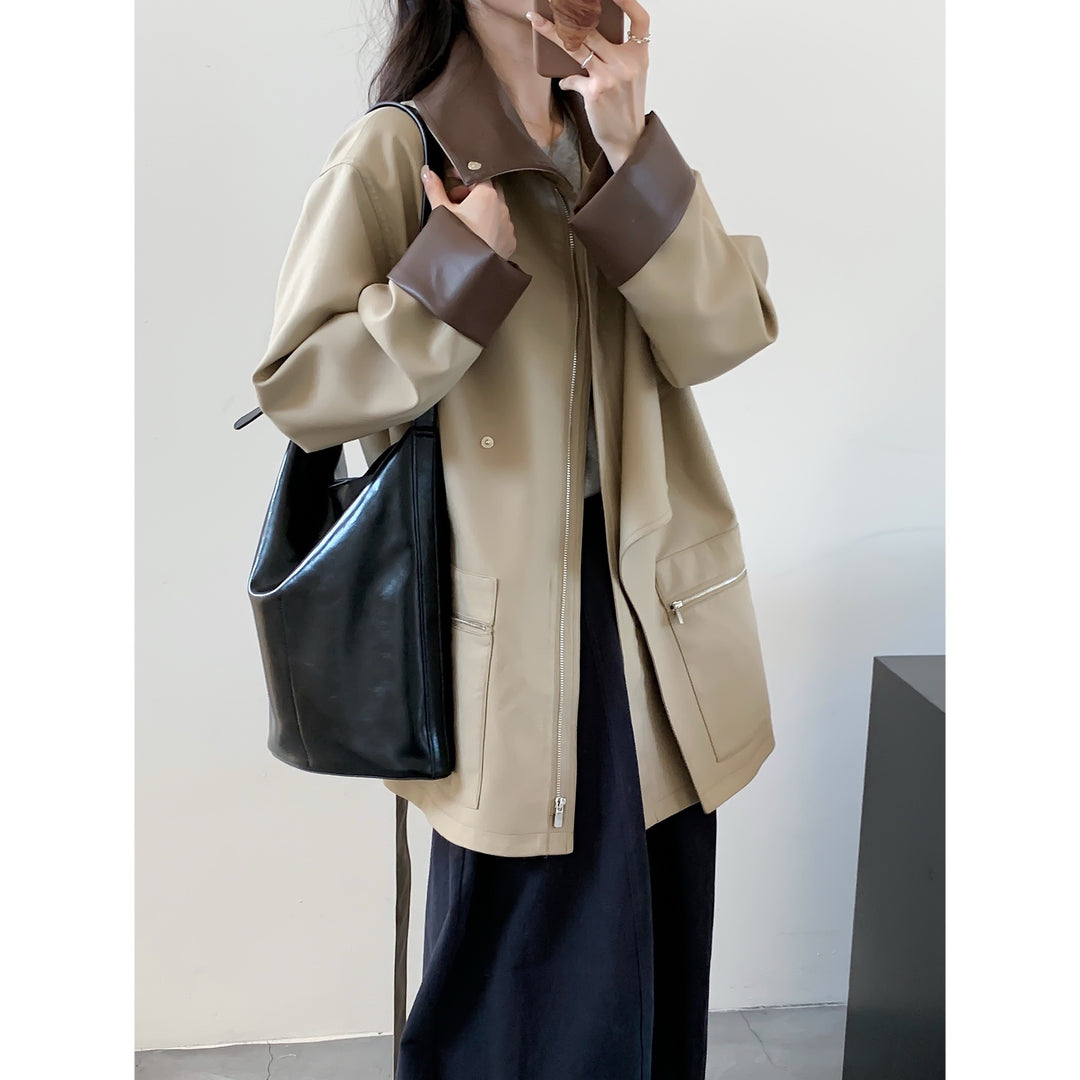 Damen Oversized Trenchcoat mit kontrastierenden Lederbesätzen und Reißverschluss Drune