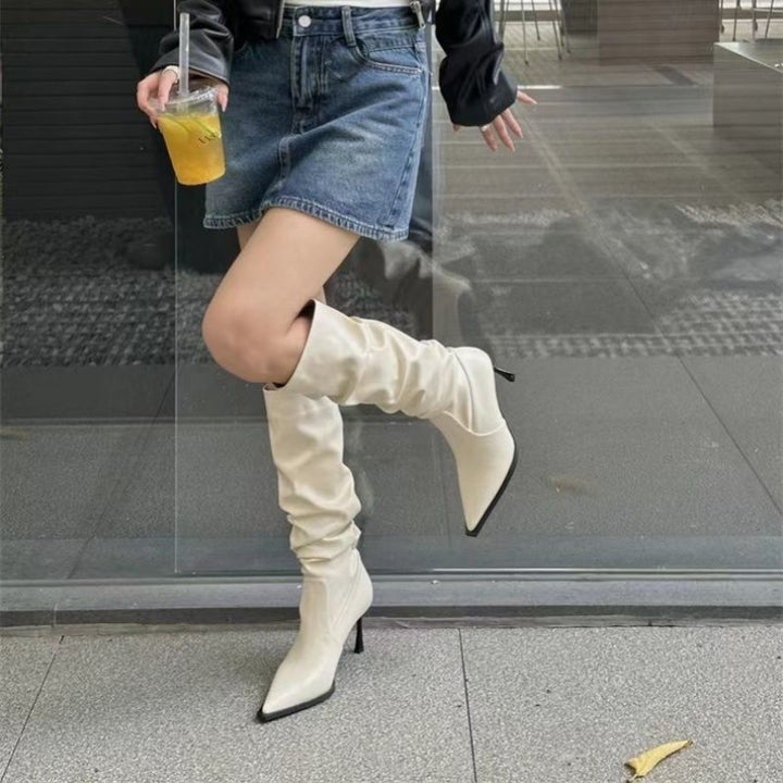 Damen Slouchy kniehohe Stiefel mit spitzer Zehenform und skulpturellem Stiletto-Absatz Drune