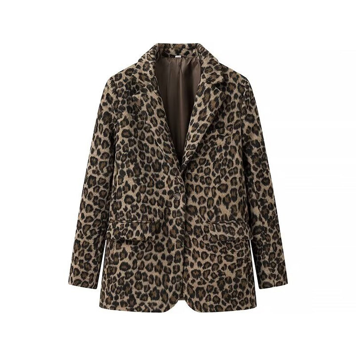 Damen nan taillierter Leopardprint-Blazer mit Reverskragen und Pattentaschen Drune