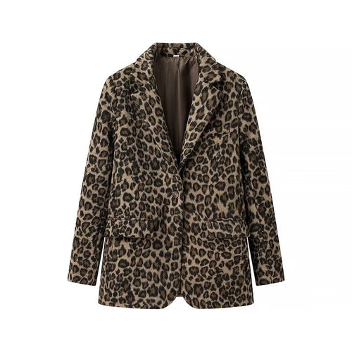 Damen nan taillierter Leopardprint-Blazer mit Reverskragen und Pattentaschen Drune