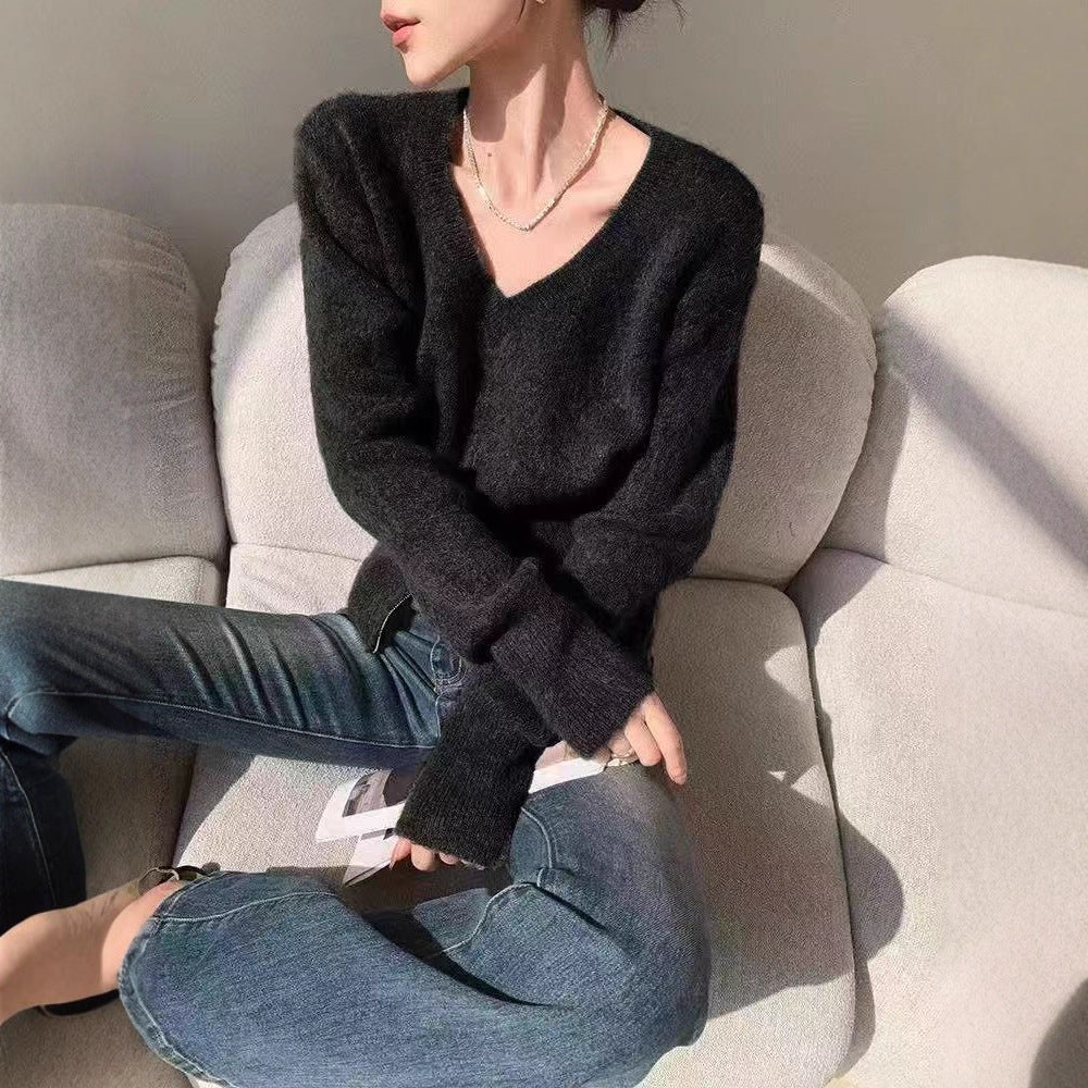 Damen Modische Strickjacke mit tiefem V-Ausschnitt und Reißverschluss Drune