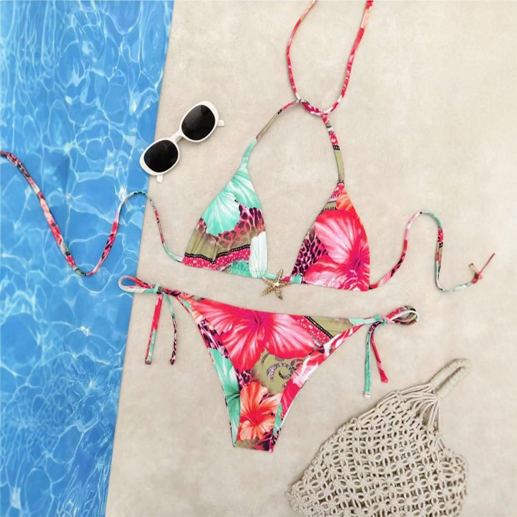 Damen Triangel-Bikini mit floralem Design und verstellbaren Bändern Drune