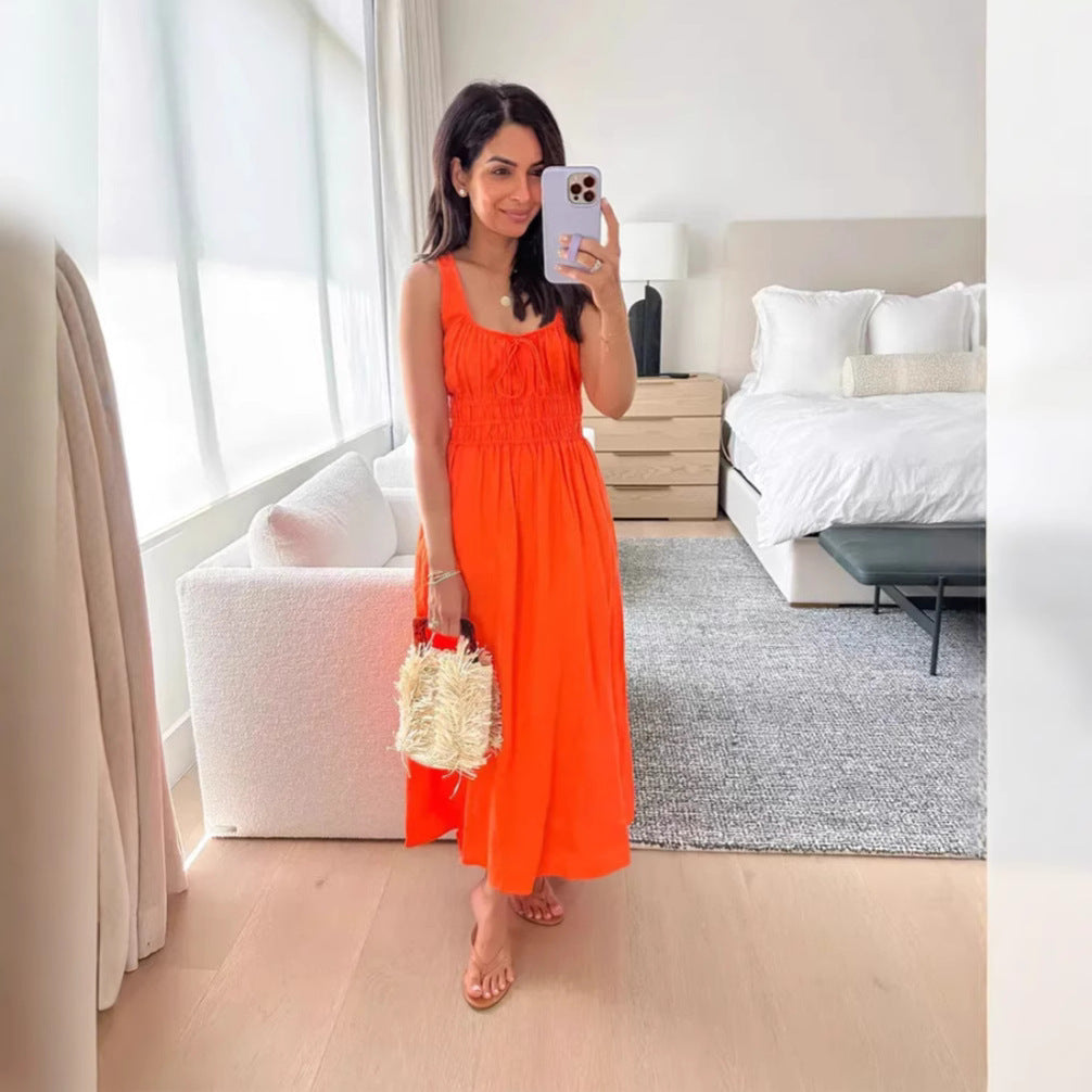 Damen nan midilanges Leinenoptik-Kleid mit Smokoberteil, elastischer Taillenpasse und breiten Trägern Drune