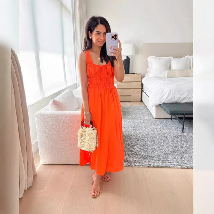 Damen nan midilanges Leinenoptik-Kleid mit Smokoberteil, elastischer Taillenpasse und breiten Trägern Drune