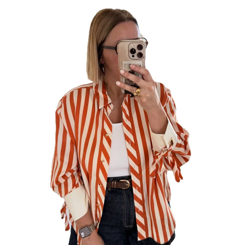Damen Gestreifte Oversize-Hemdbluse mit Bindebändern an Ärmeln und verdeckter Knopfleiste Drune