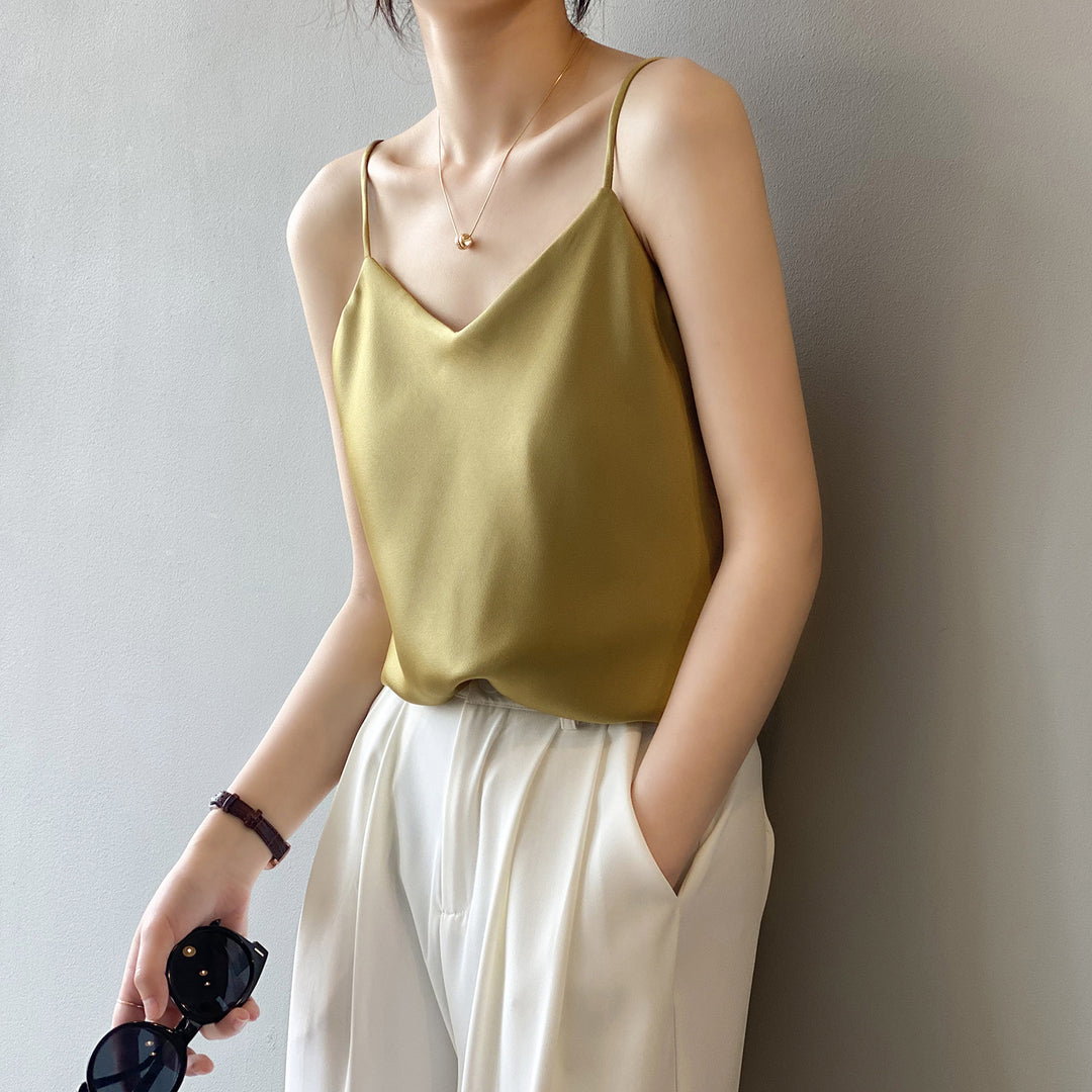 Damen elegantes Camisole-Top mit feinem Satinmaterial und verstellbaren Spaghetti-Trägern Drune