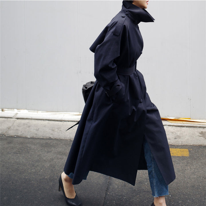 Damen Langgeschnittener Trenchcoat mit Taillengürtel und Stehkragen Drune