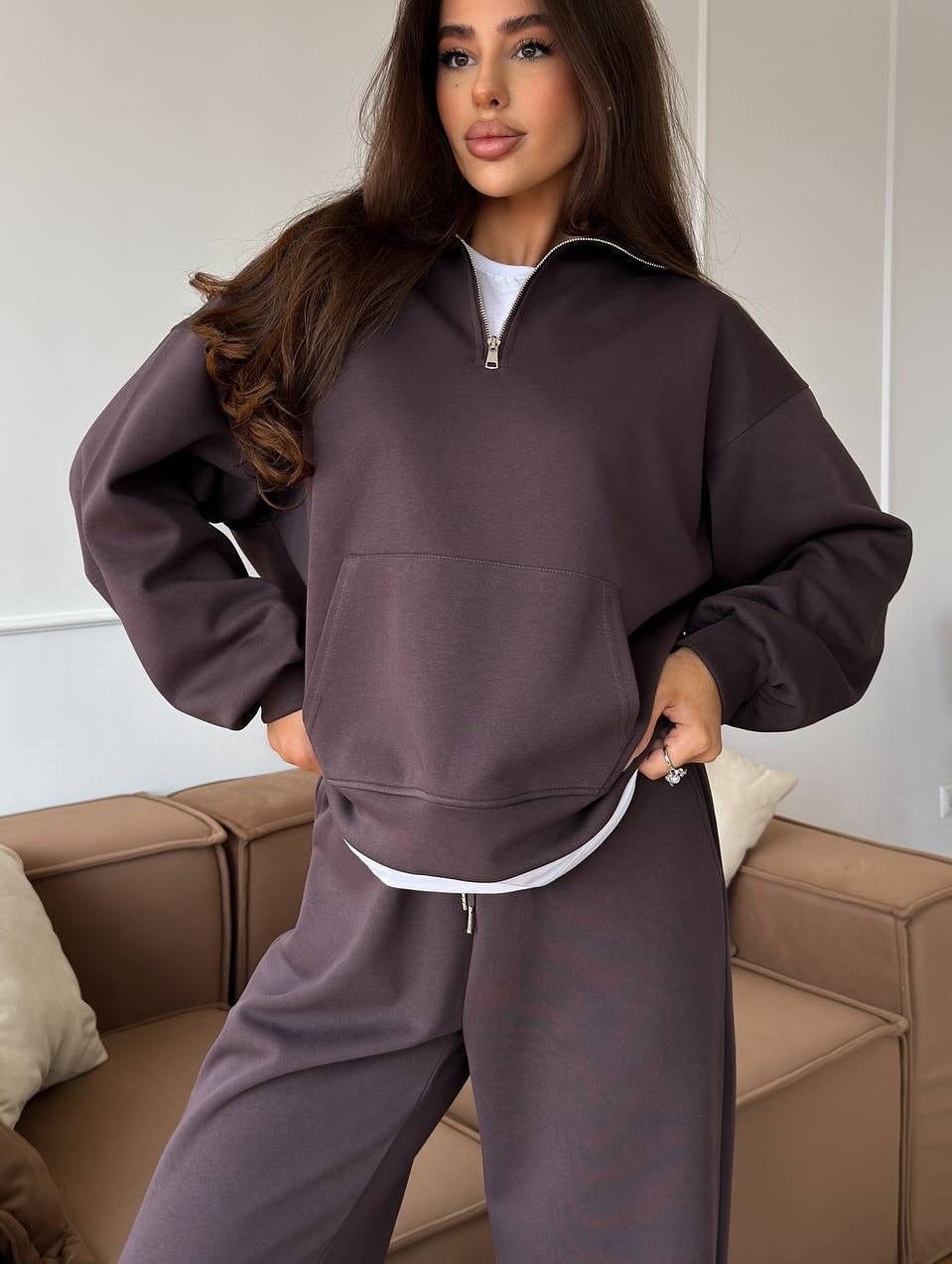 Damen Bequeme und elegante Langarm-Pullover mit Reißverschluss und weiten Jogginghose Drune