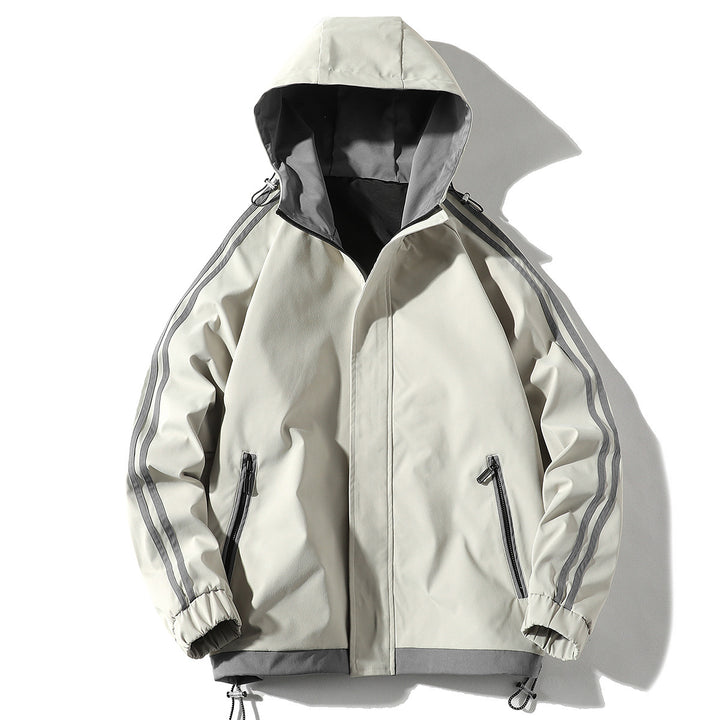 Herren Sportliche Outdoor‑Shelljacke mit Kapuze, reflektierenden Ärmestreifen und Reißverschlusstaschen Drune
