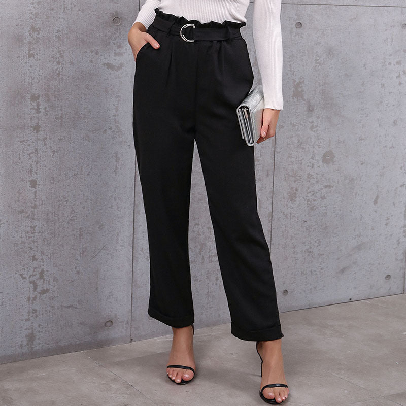 Damen Elegante hochtaillierte Paperbag-Hose mit Bindegürtel und geradem Bein Drune