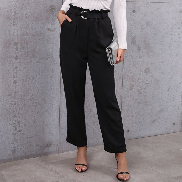 Damen Elegante hochtaillierte Paperbag-Hose mit Bindegürtel und geradem Bein Drune