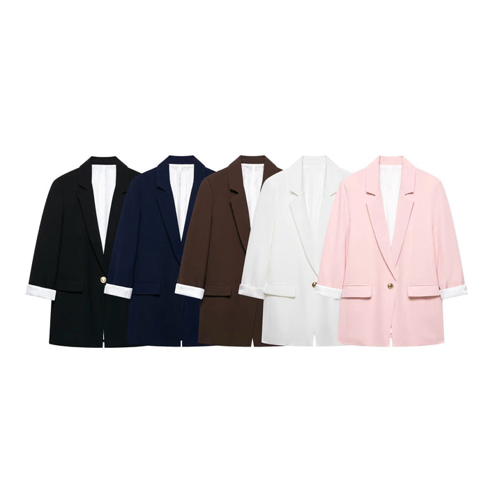 Damen taillierter Longblazer mit Umschlagärmeln und dekorativem Knopf Drune