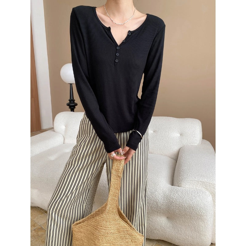 Damen Langarm-Henley-Shirt aus weichem Rippmaterial Drune