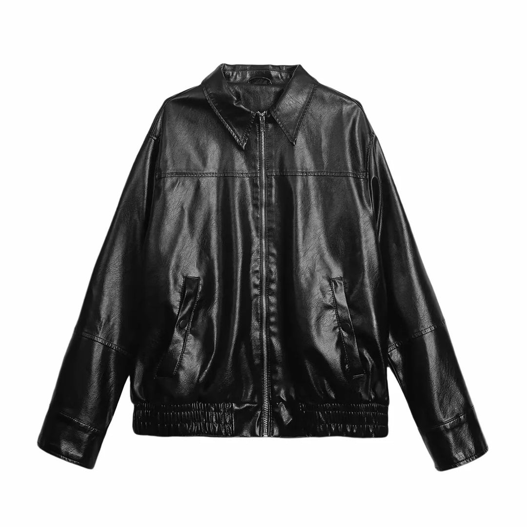 Damen nan Oversize Kunstleder-Bomberjacke mit Hemdkragen, durchgehendem Reißverschluss und elastischem Saum Drune