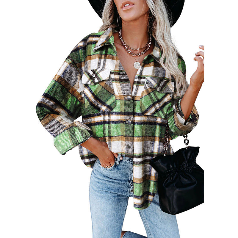 Damen karierte Flanelljacke mit praktischen Taschen und lässigem Schnitt Drune