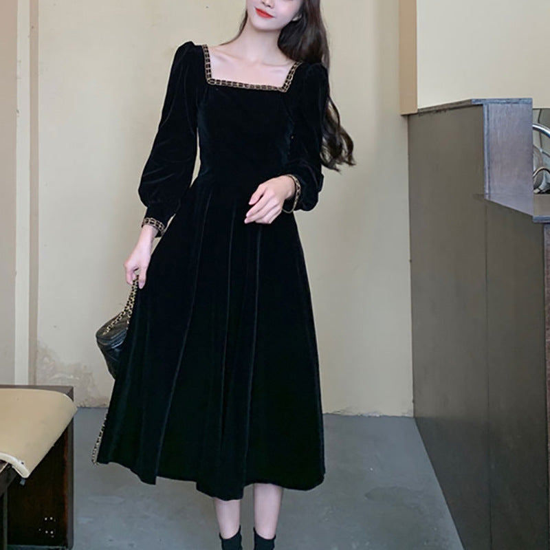 Damen elegantes Samt-Midi-Kleid mit quadratischem Ausschnitt und Puffärmeln