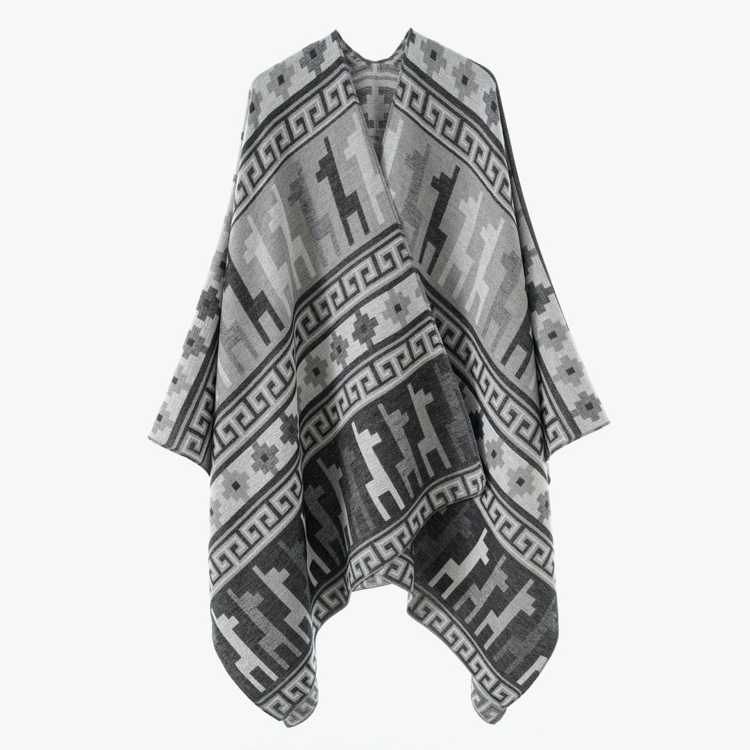 Damen Cape-Überwurf aus Jacquard-Strick mit Tier- und Ethno-Motiv Drune