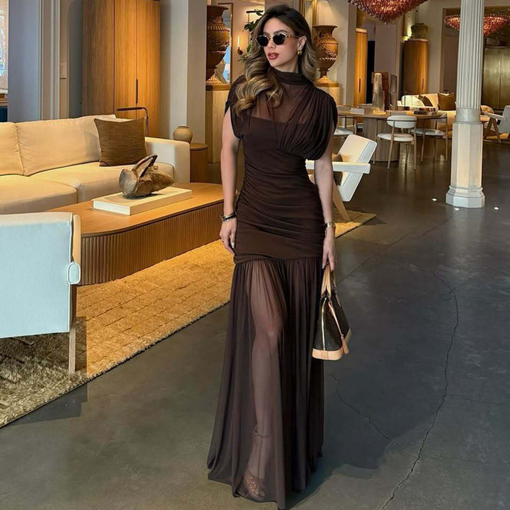 Damen Elegantes Maxikleid mit transparentem Oberteil und figurbetonendem Unterbau Drune