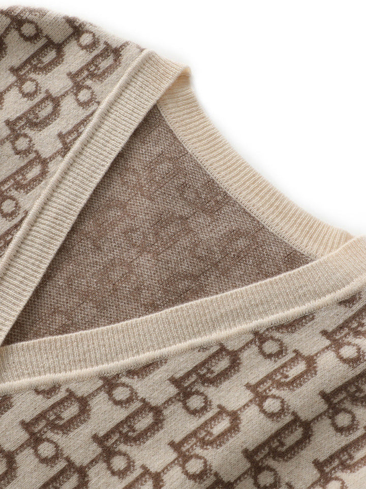 Damen Gemusterter Jacquard-Strickcardigan mit V-Ausschnitt und Perlmuttknöpfen Drune