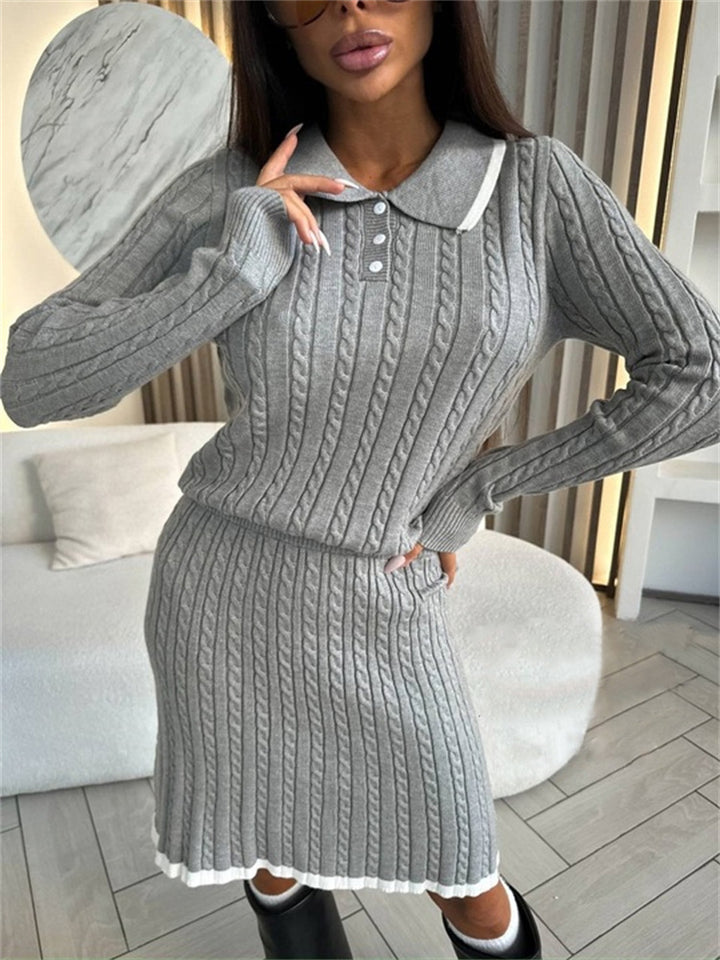 Damen Zweiteiliges Zopfstrick-Kleid mit Taillenbund und Polokragen Drune