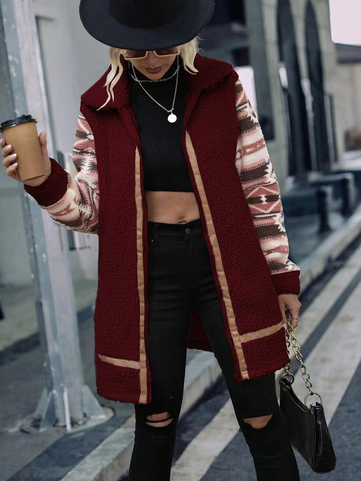 Damen Fleecefutter lange Jacke mit modischem Muster und praktisch integrierten Taschen Drune