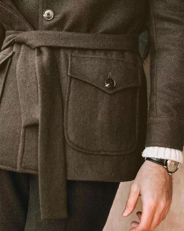Herren multifunktionale Wool-Jacke mit Gürtel und Taschen Drune