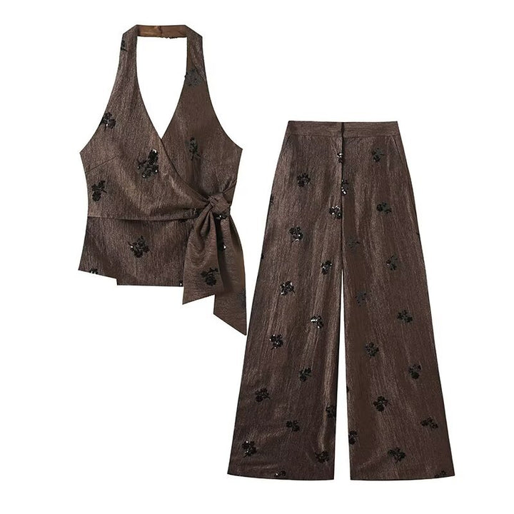 Damen Hochtaillierte Wide‑Leg‑Hose mit Glanzstruktur und Paillettenblüten Drune