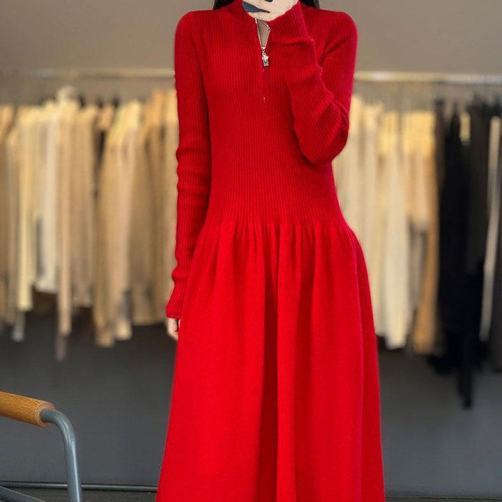 Damen lässiges Strickkleid mit hohem Kragen und Zip-Taschen Drune