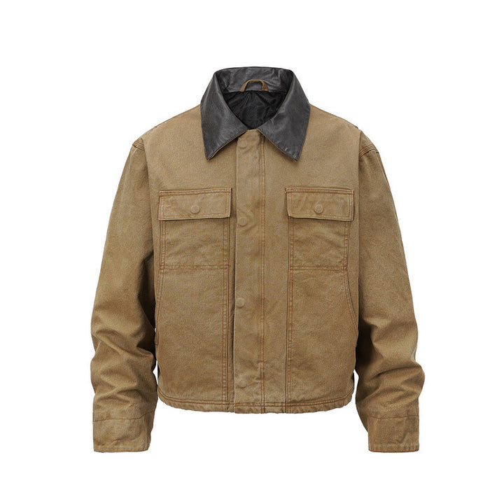Herren Canvas-Fieldjacke im Overshirt-Look mit Lederkragen und aufgesetzten Pattentaschen Drune
