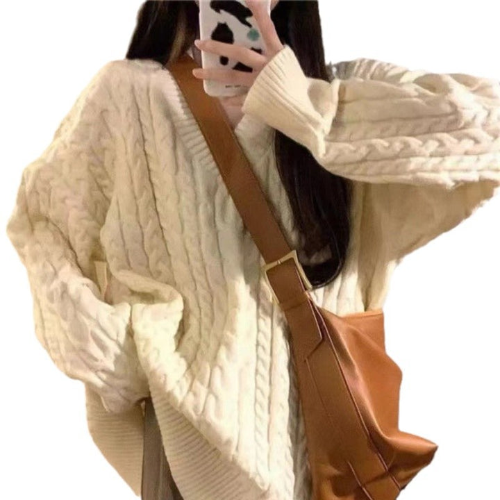 Damen Grobstrickpullover mit V-Ausschnitt und voluminösen Ärmeln Drune