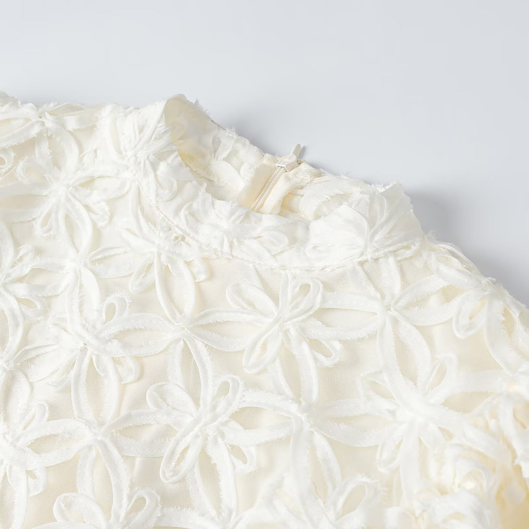 Damen A-Linien Mini-Kleid mit dreidimensionaler Blumenstickerei und Puffärmeln Drune