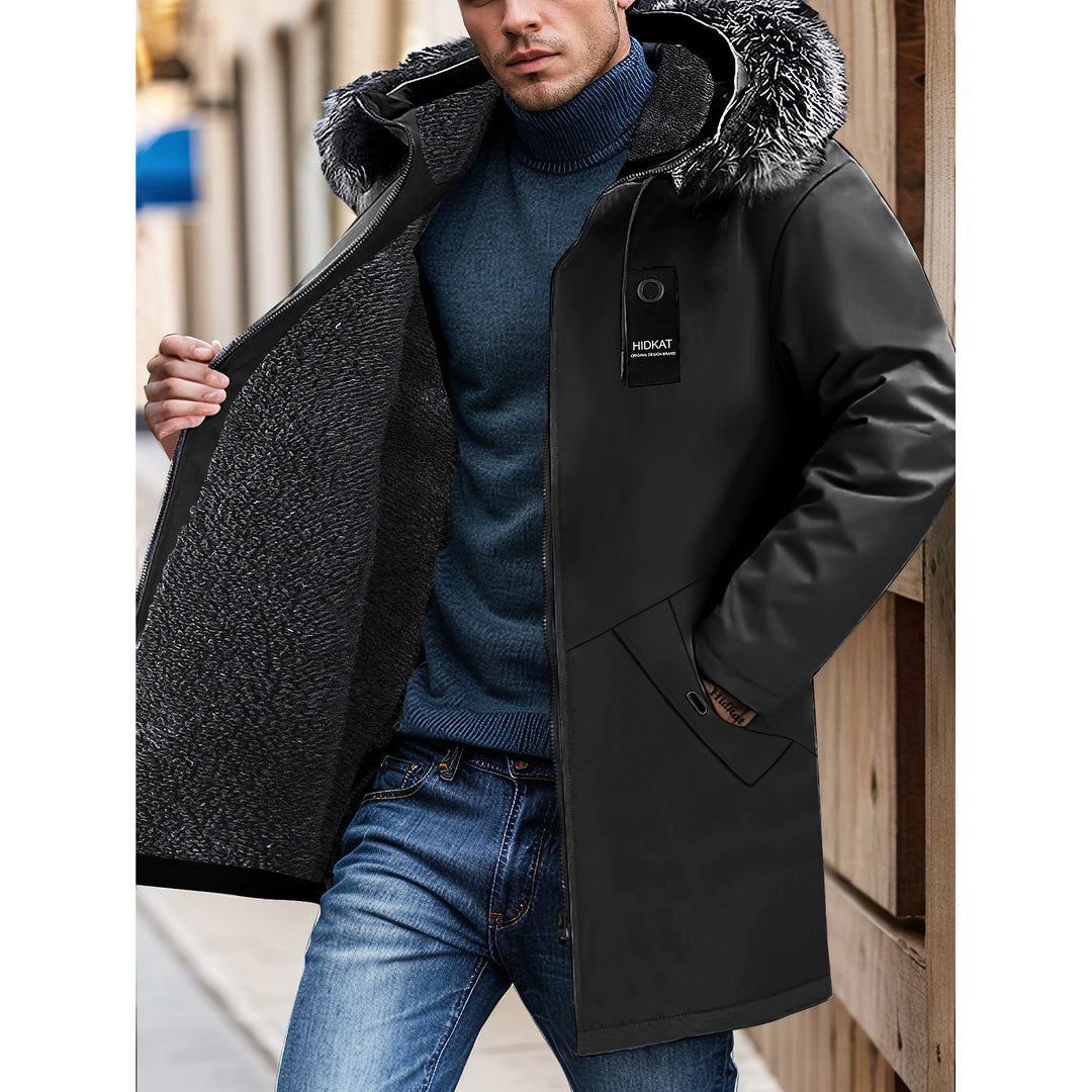Herren Lange Winterjacke mit Kapuze und Kunstfellbesatz Drune