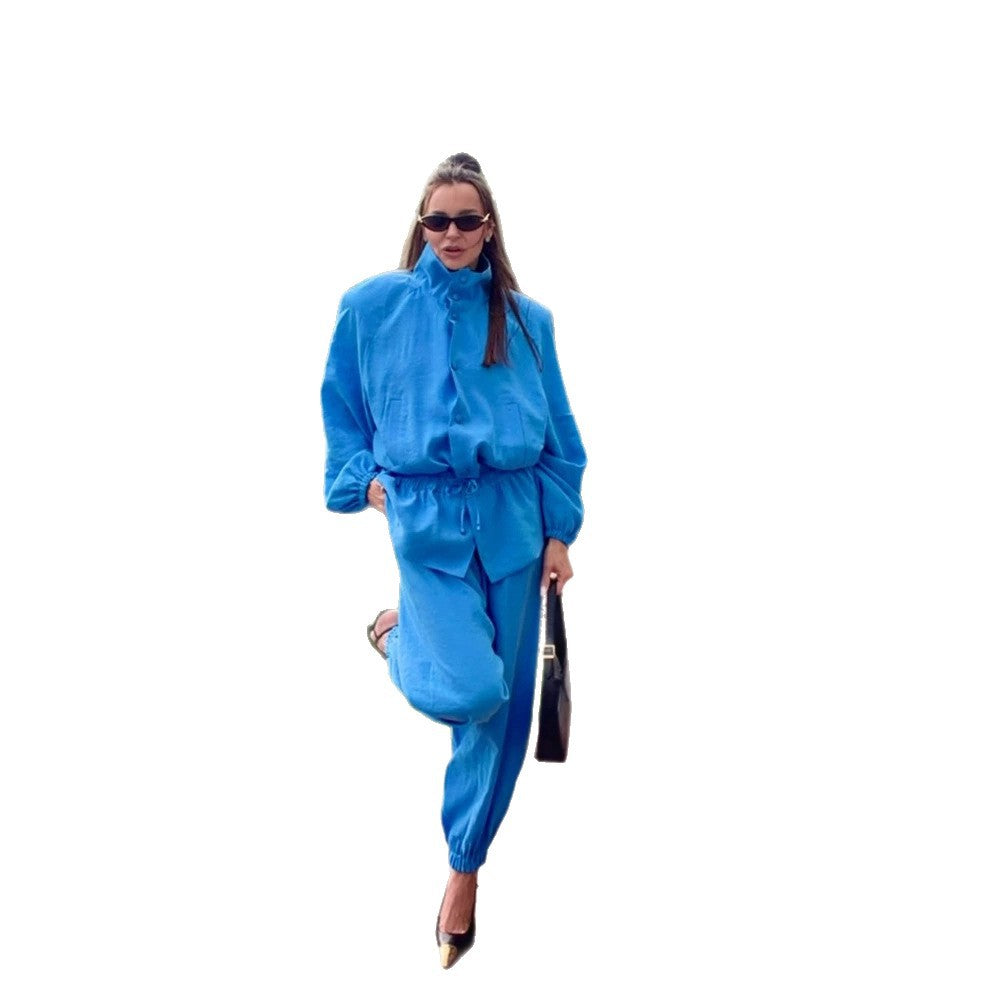 Damen leichtes lässiges Jogging-Set mit Tunnelzug, Stehkragen und elastischem Bund Drune