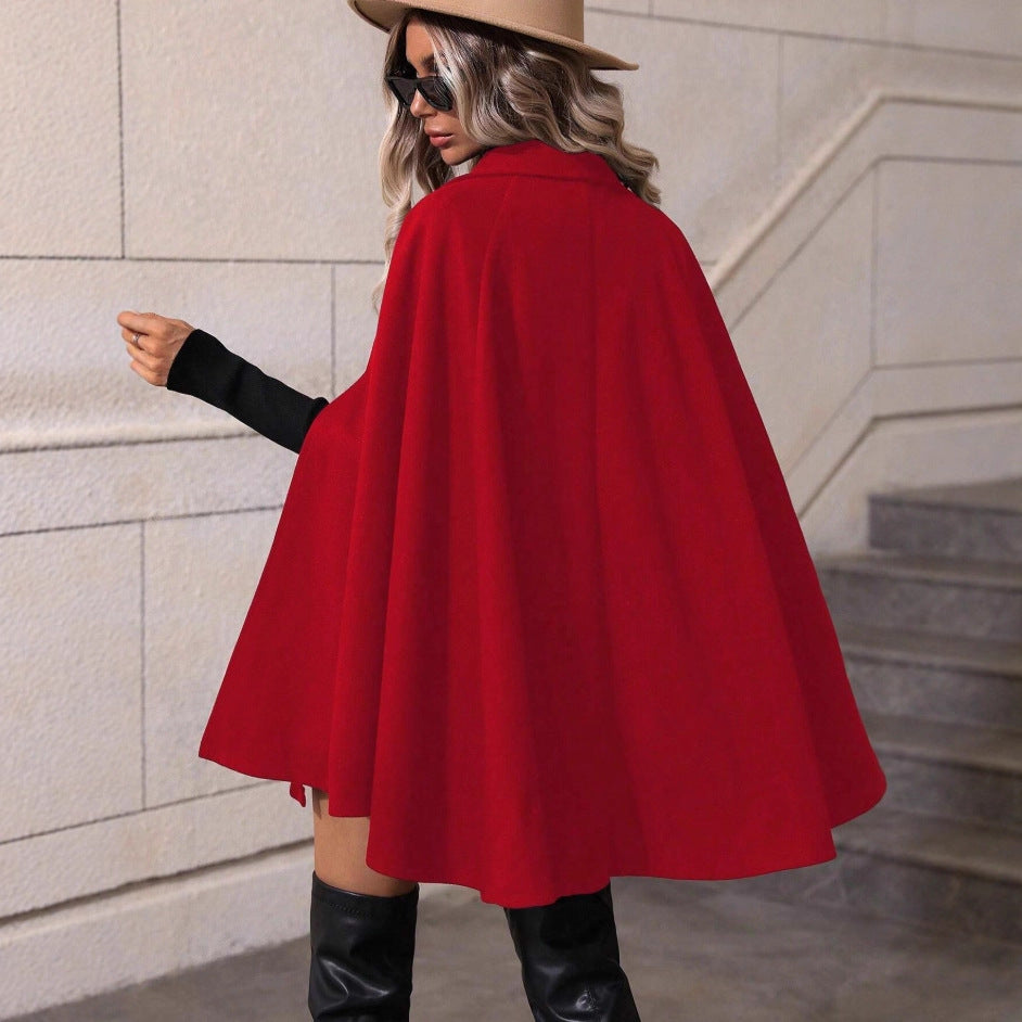 Damen Doppelreihiger Wollcape-Mantel mit Armöffnungen und Stehkragen Drune