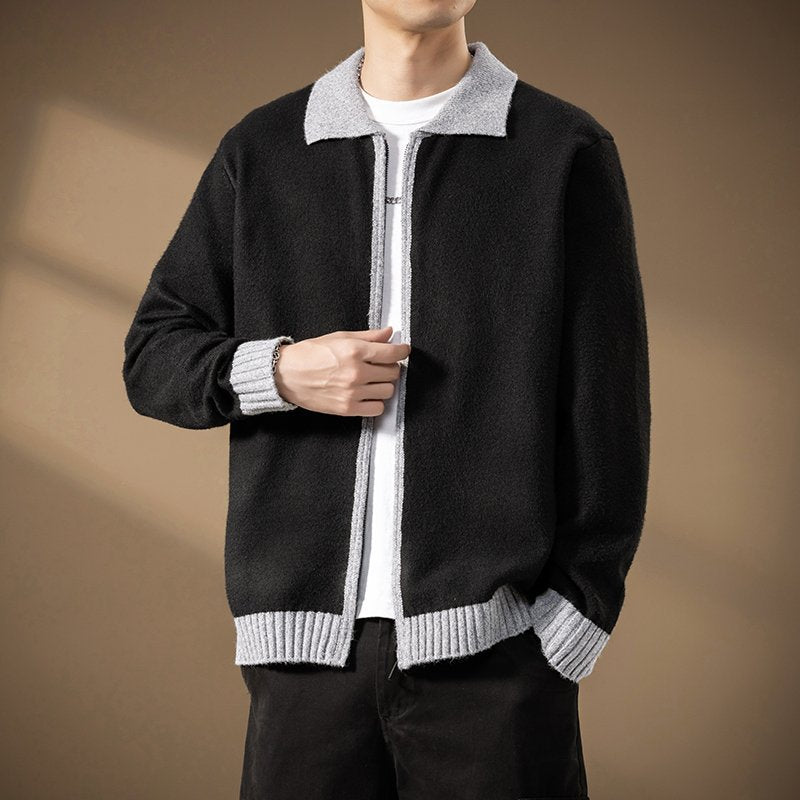 Herren Strickjacke mit durchgehendem Reißverschluss und kontrastgeripptem Saum Drune