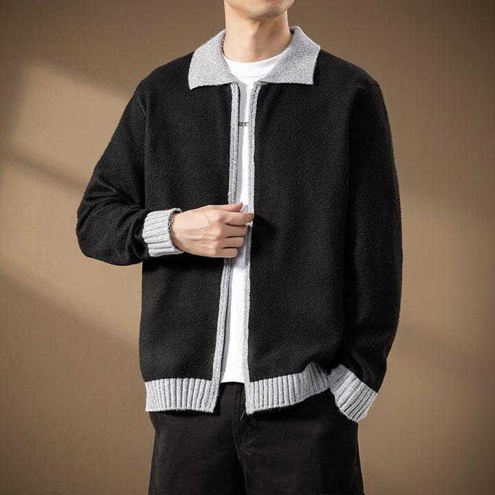 Herren Strickjacke mit durchgehendem Reißverschluss und kontrastgeripptem Saum Drune